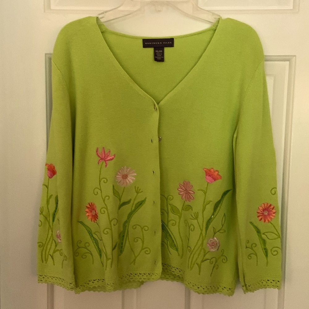 Northern Isles colorful flowered sweater, reminds of a Lily Pulitzer piece